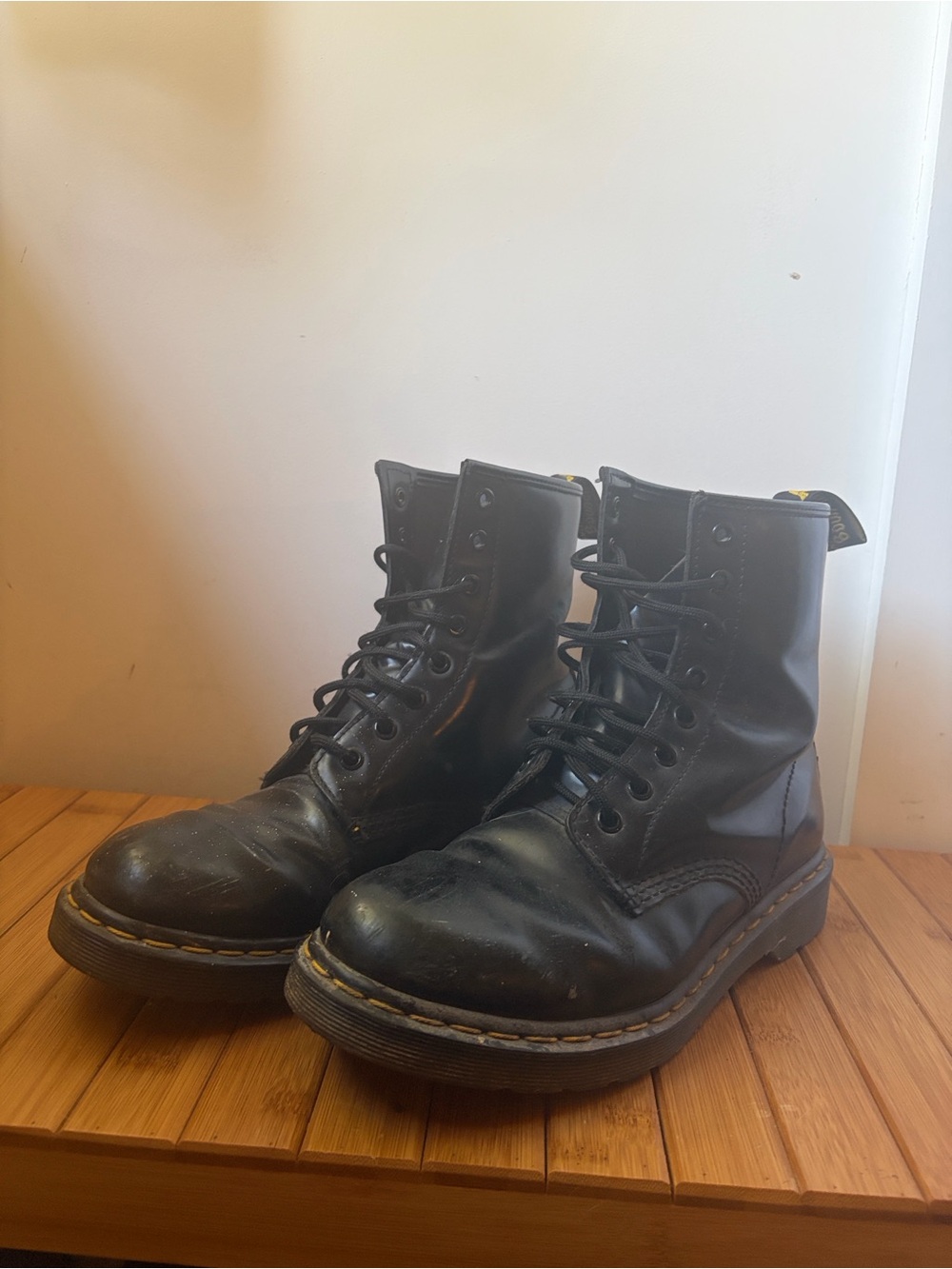 Dr. Martens Black Leather Lace-Up Boots with Yellow Stitching